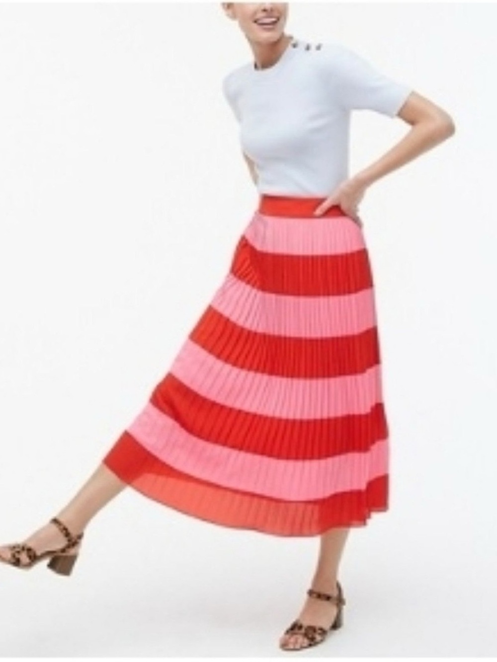 J.CREW Pleated Striped Midi Skirt Red‎ Pink Chiffon Size 2
